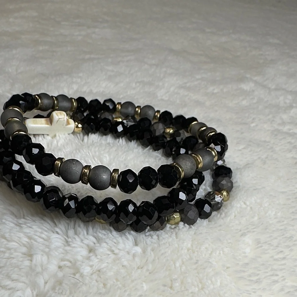 Beaded Bracelet Set of 3 w/Cross Charm on Black & Mirrored Grey & Gold Tone NWOT